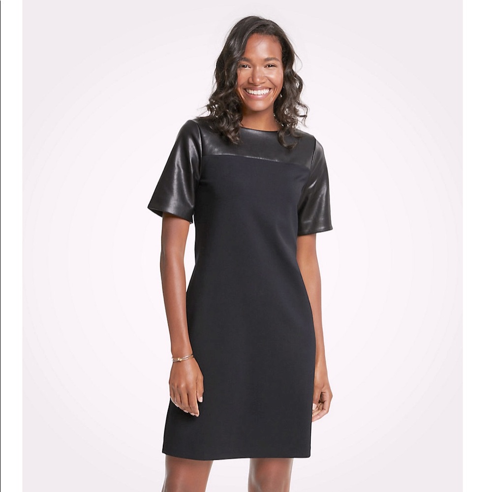 NEW Ann Taylor Petite Faux Leather Yoke Ponte Shift Dress